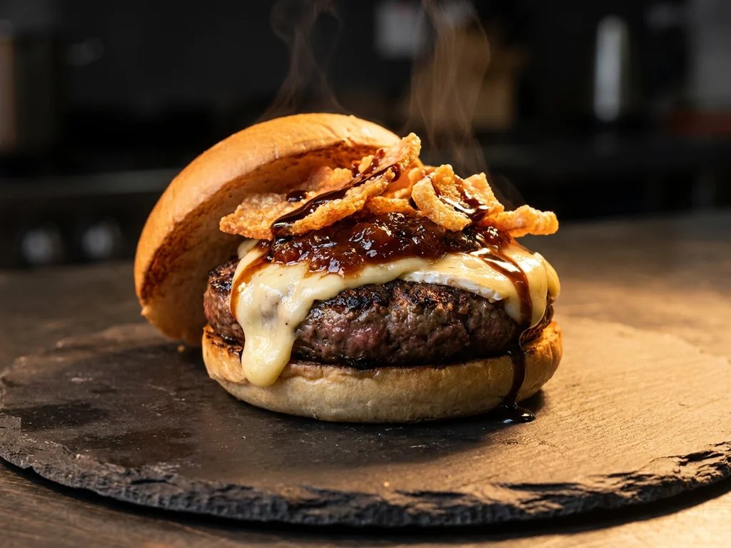 Hamburguesa Emmy: 140 g de vaca rubia gallega madurada, cheddar, pepinillos, mermelada de bacon y…