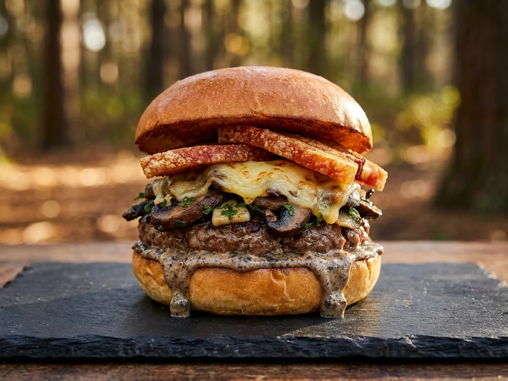 Hamburguesa la Trufera: 140 g de vaca rubia gallega madurada, cheddar, cebolla caramelizada y salsa de…